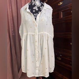 Solitaire Ivory Sleeveless Tunic Blouse with Gold Bees Embroidery Size Large